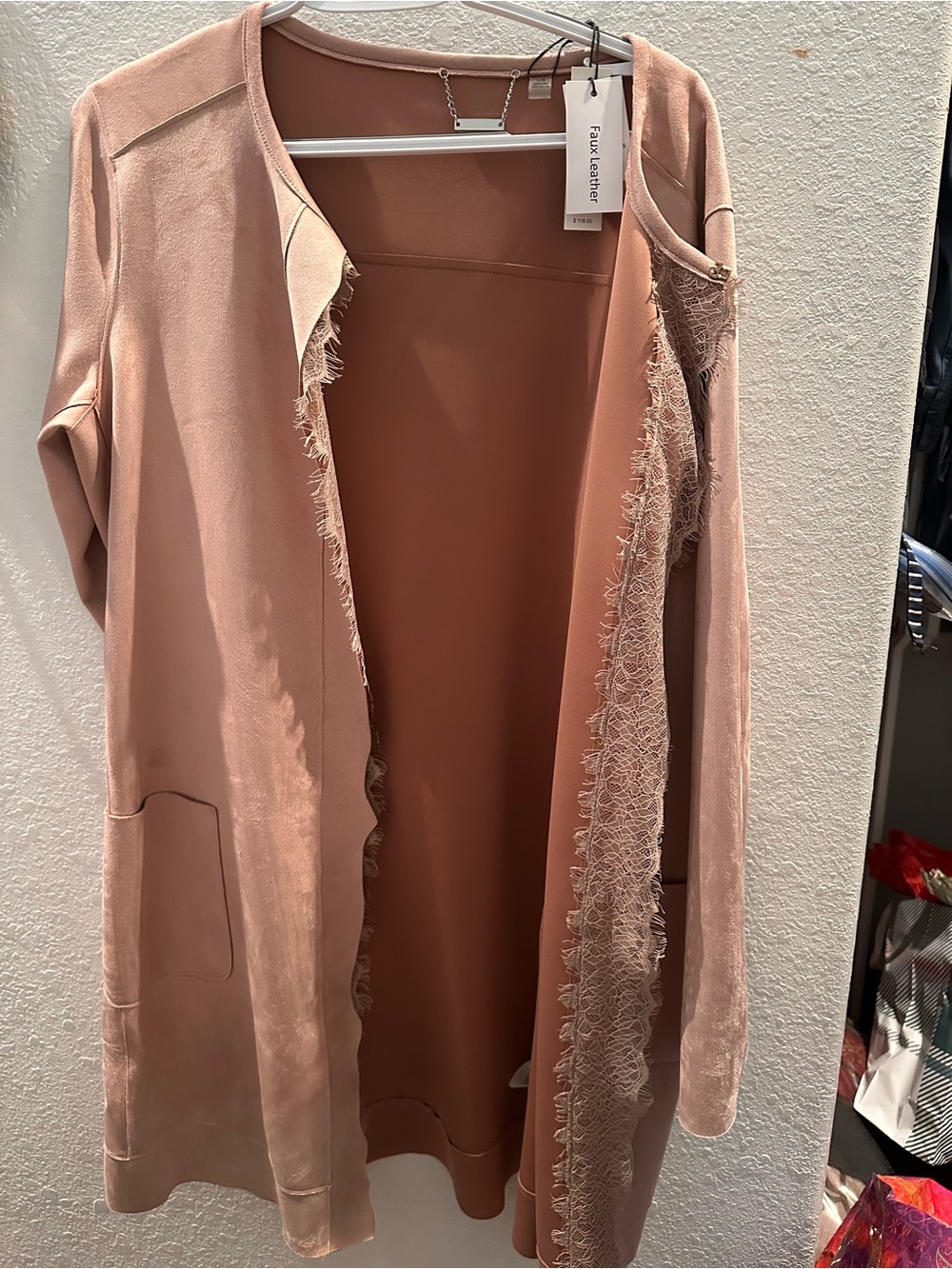 T Tahari Blush Pink Faux Leather Open Cardigan with Frayed Trim
